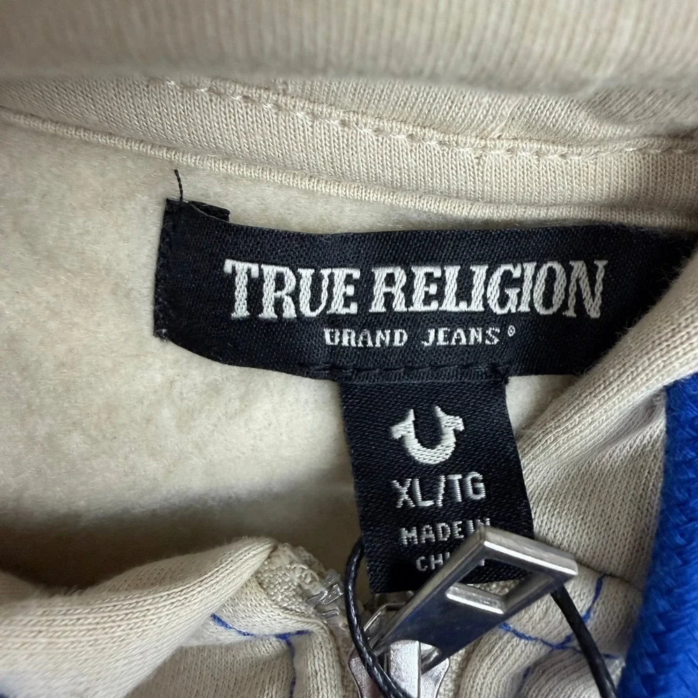 True Religion Mens Contrast TR Zip Hoodie Fog Beige Blue Buddha Logo 701400 XL